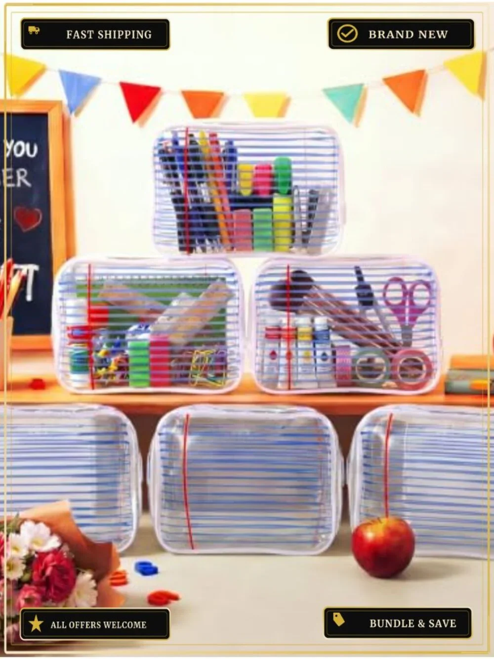 12 Clear PVC Waterproof Cosmetic Pouch Bags for Teachers, Bulk Back to School